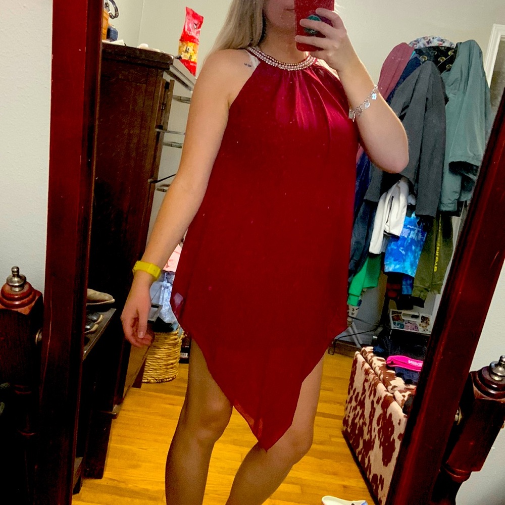 Red sleeveless dress with rhinestone collar